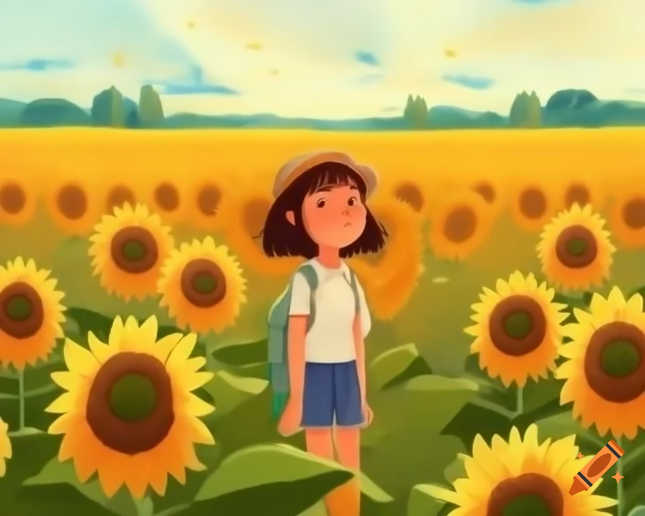Girl in sunflower field enjoying a relaxing moment on Craiyon