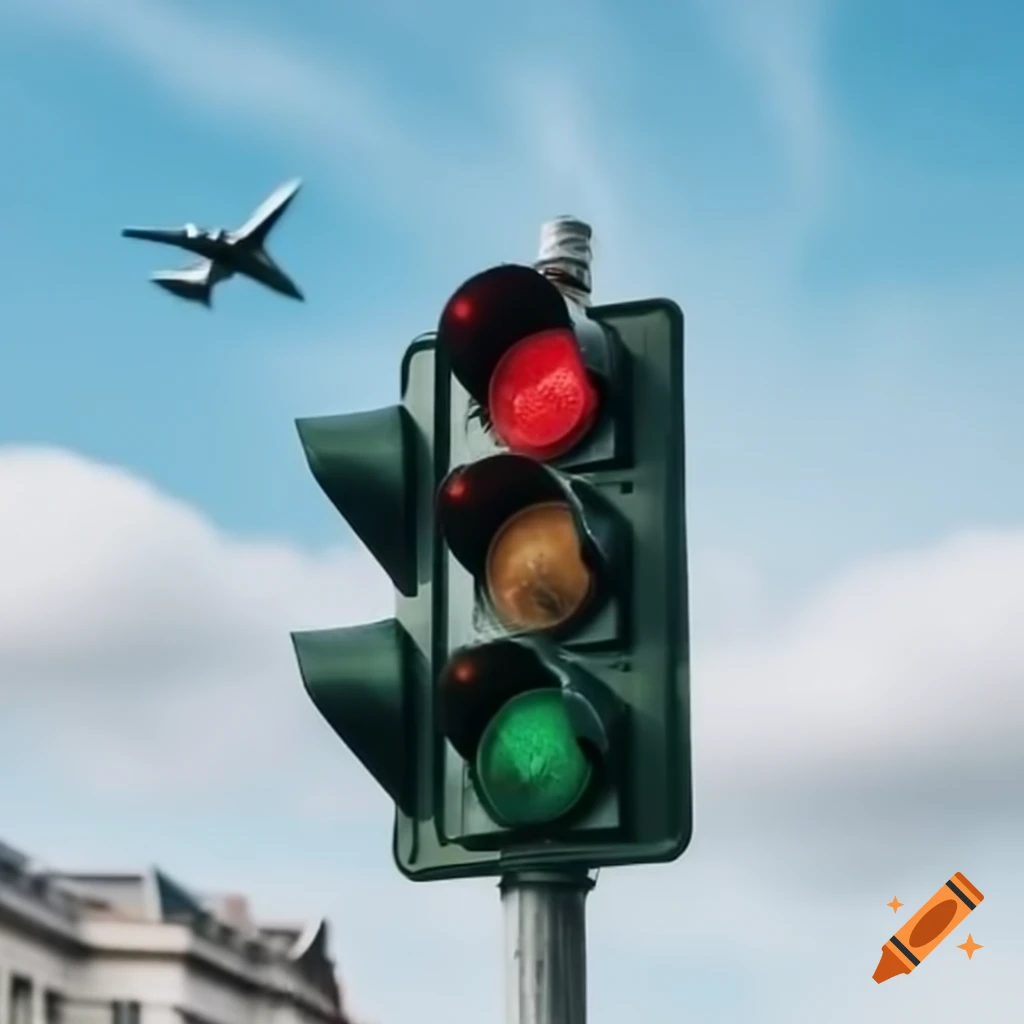 Green traffic light with airplane in distant sky over London