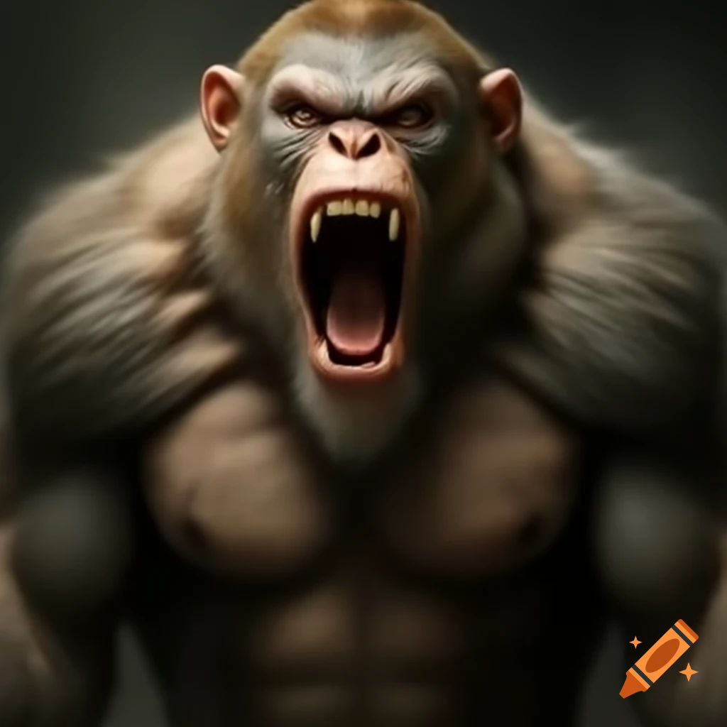 Small monkey on ogre's shoulder, capturing a whimsical fantasy scene
