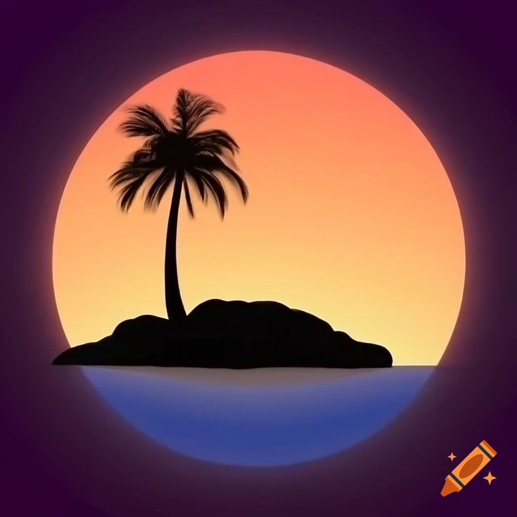 Serene tropical island at sunset with palm tree silhouette on Craiyon