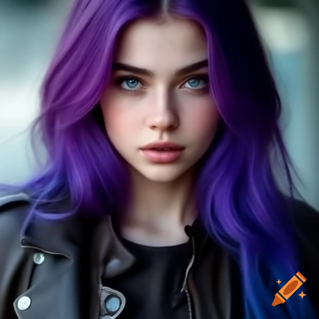 Young woman with long purple hair and blue eyes wearing a leather ...