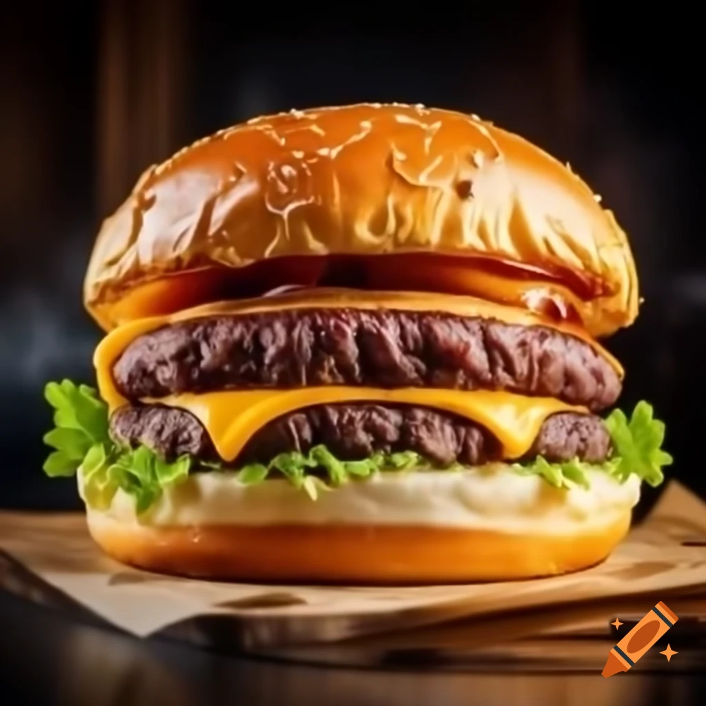 Photorealistic burger with grilled patty and melted cheddar cheese