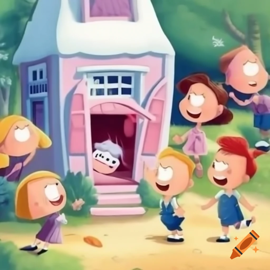 Children excitedly running towards ice cream house