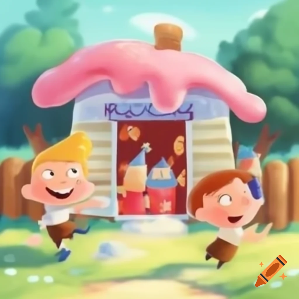 Children excitedly running towards ice cream house