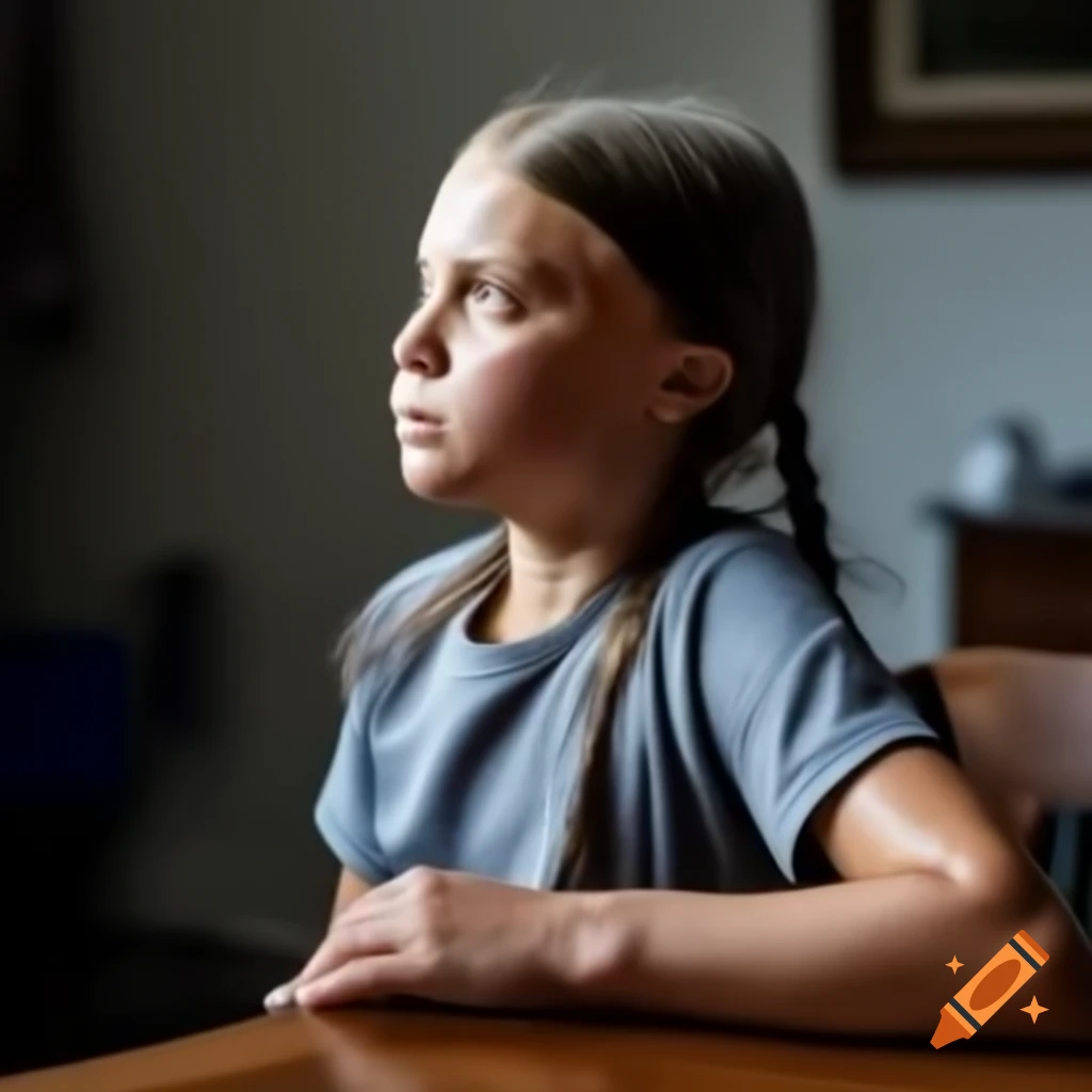 Greta Thunberg at desk, hands together, wearing short-sleeve t-shirt