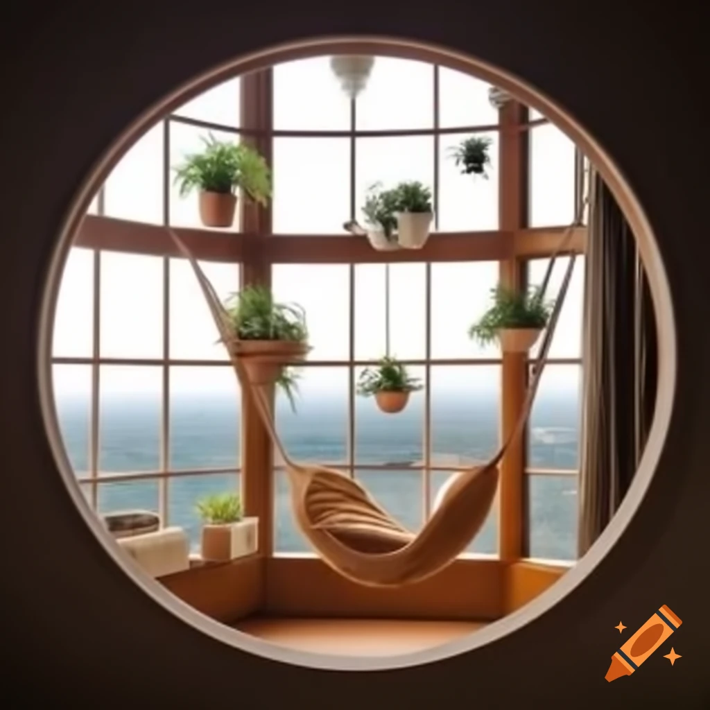 Cozy round window seat with hanging plants and beautiful view on Craiyon