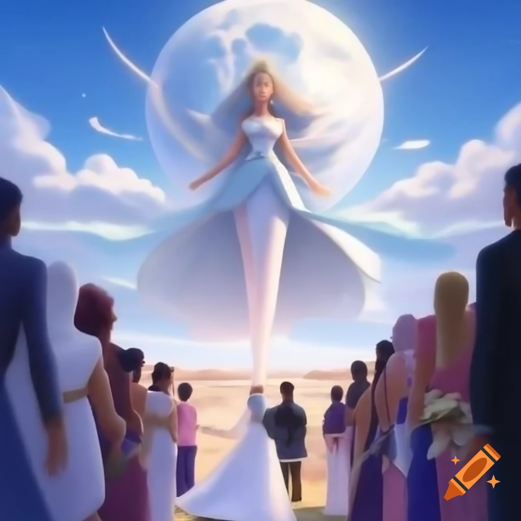 Benevolent goddess blessing newlyweds ceremony in the sky
