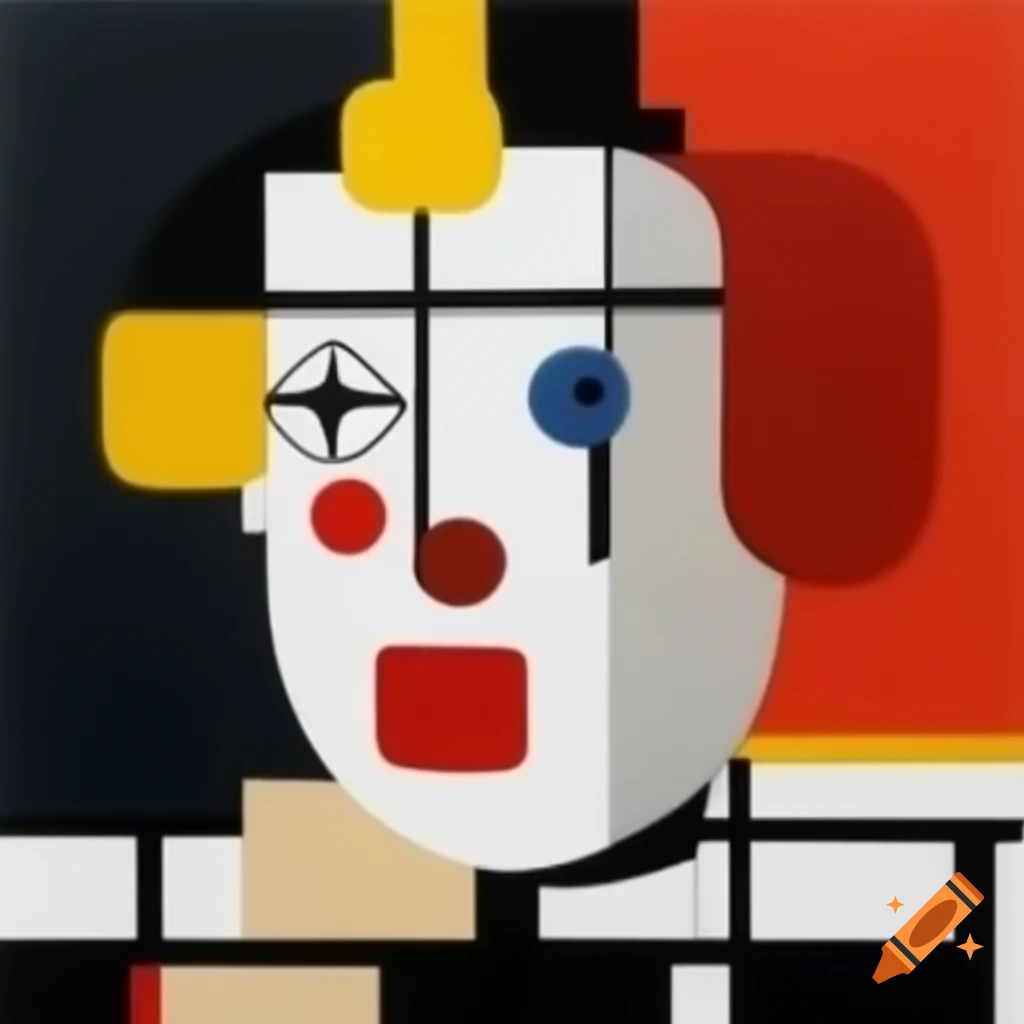 Abstract clown head in Mondrian style with geometric lines and primary colors