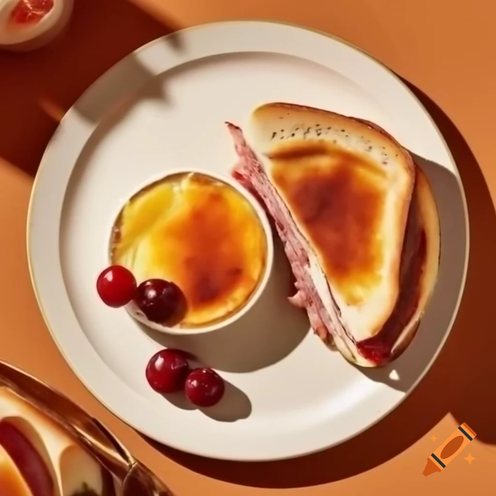 Gourmet dinner plate featuring creme brulee, cherry clafoutis, and ham sandwich