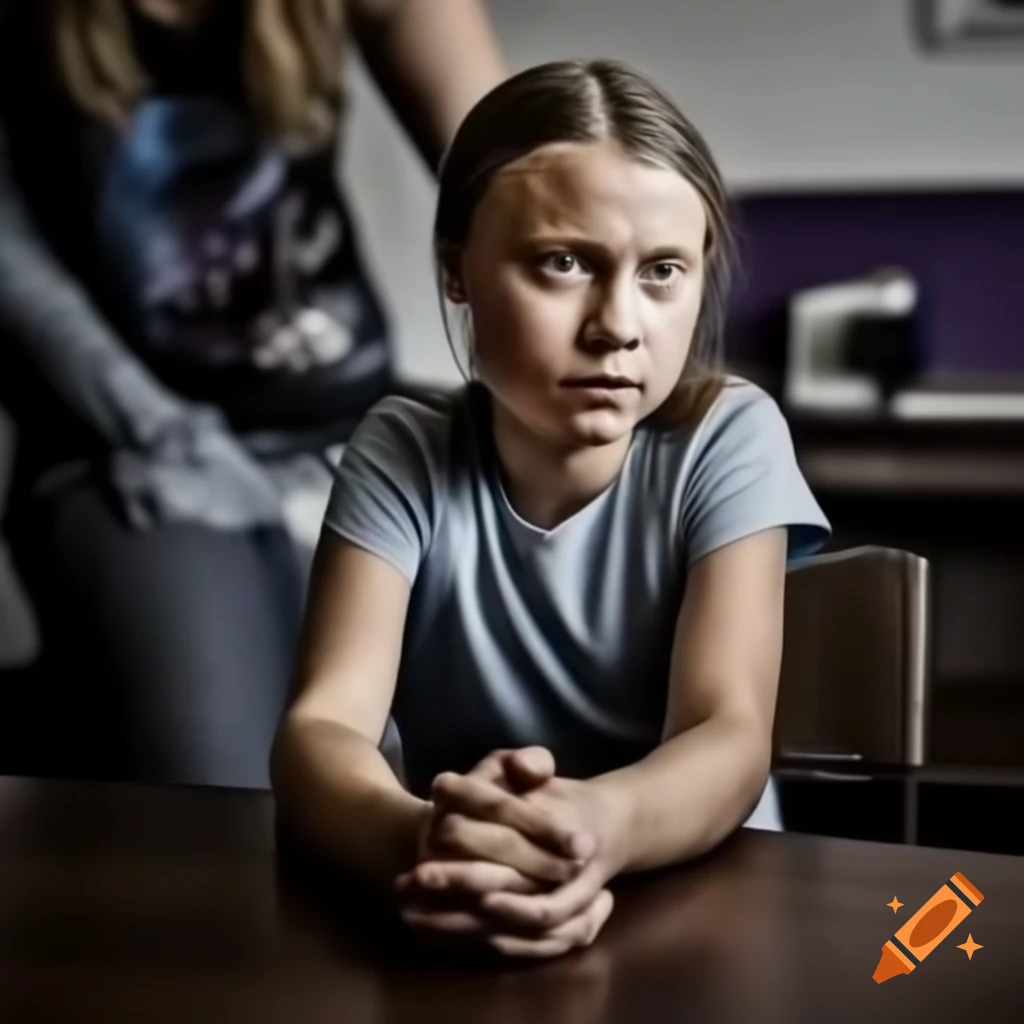 Greta Thunberg sitting at a desk in a t-shirt, arm in focus