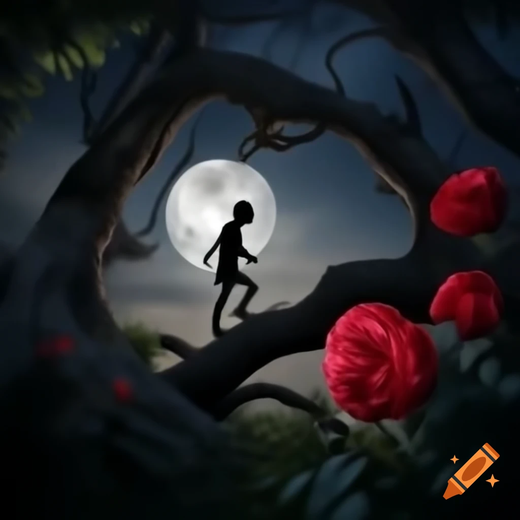 Silhouette in moonlight among shadowy woods and a massive tree trunk