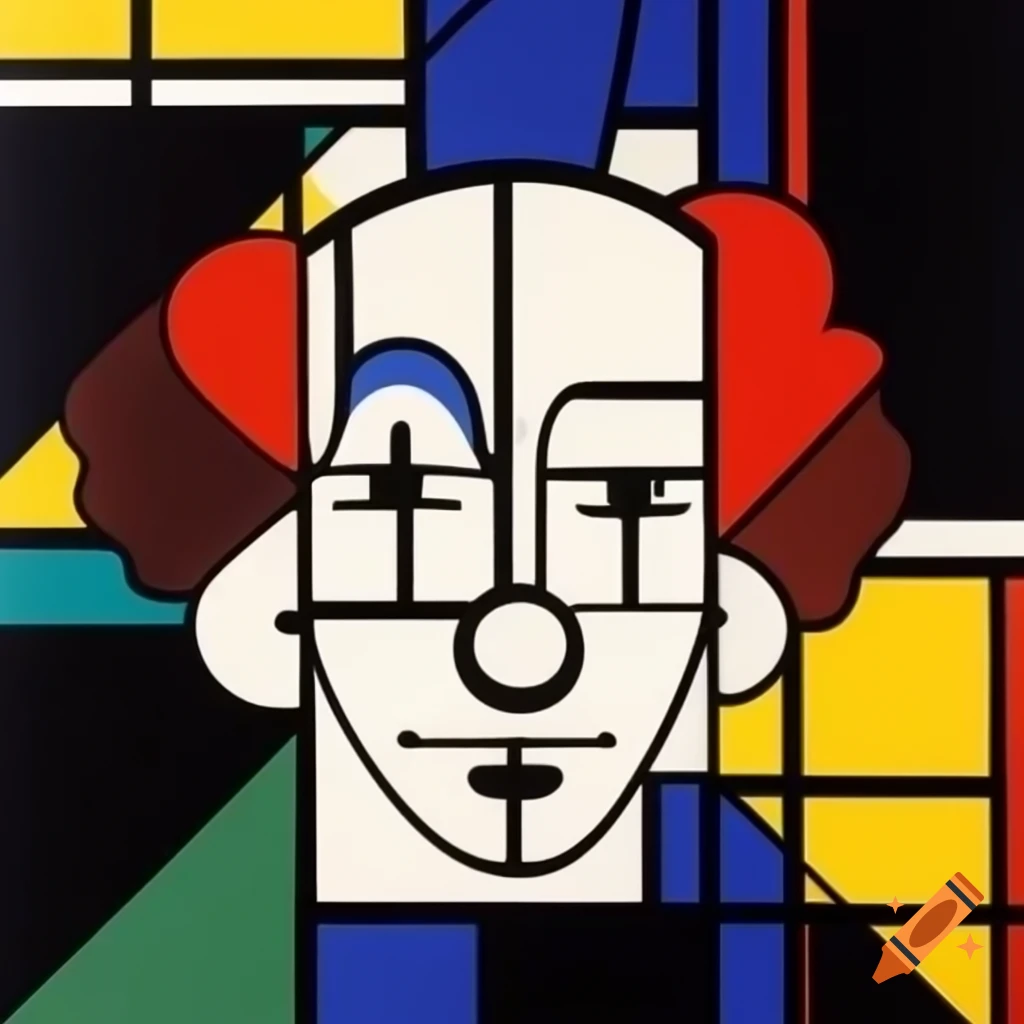 Abstract clown head in Mondrian style with geometric lines and primary colors