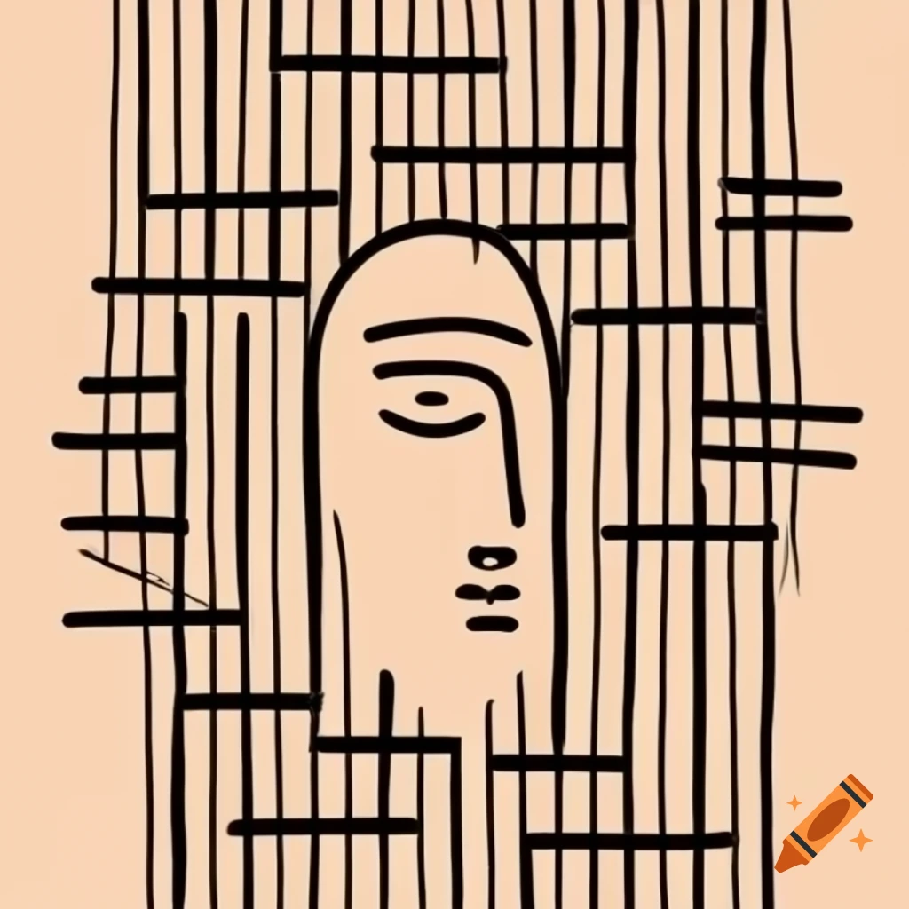 Abstract minimalist stylized face in grid with black geometric lines on ...