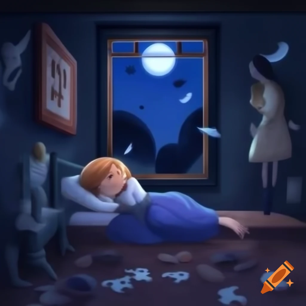 Anime-style illustration of Asha asleep with moonlight and glowing dream sequence