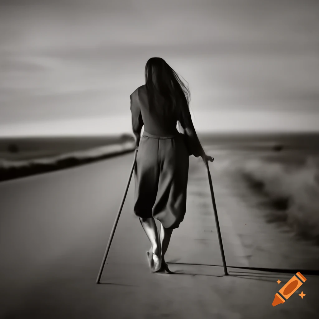 Brunette friend walking on Camino de Santiago with pilgrim walking stick