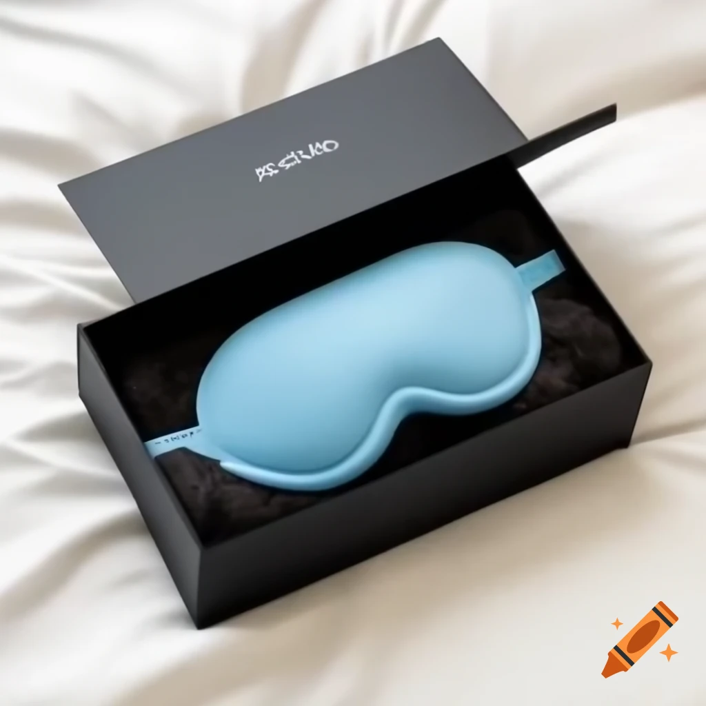 Sleep Mask Text Black box with SleepSync+ text in blue and sleep mask logo on Craiyon