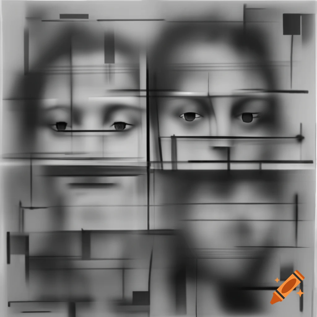 Abstract blurred charcoal face with pixelated rectangles and geometric lines