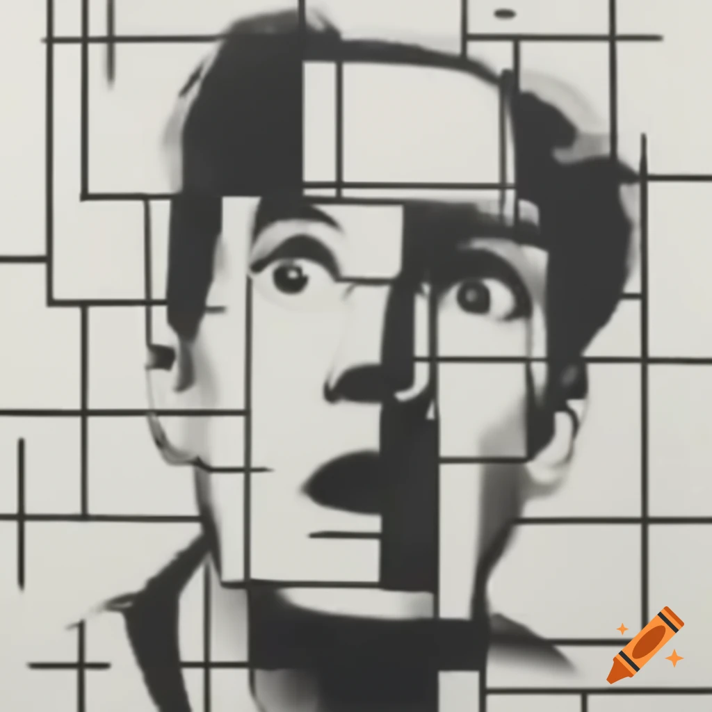 Abstract blurred charcoal surprised face in Mondrian-style ink grid