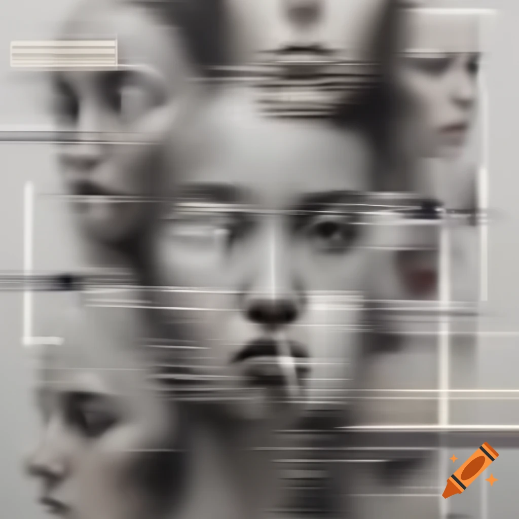 Abstract blurred charcoal face with pixelated rectangles and geometric lines