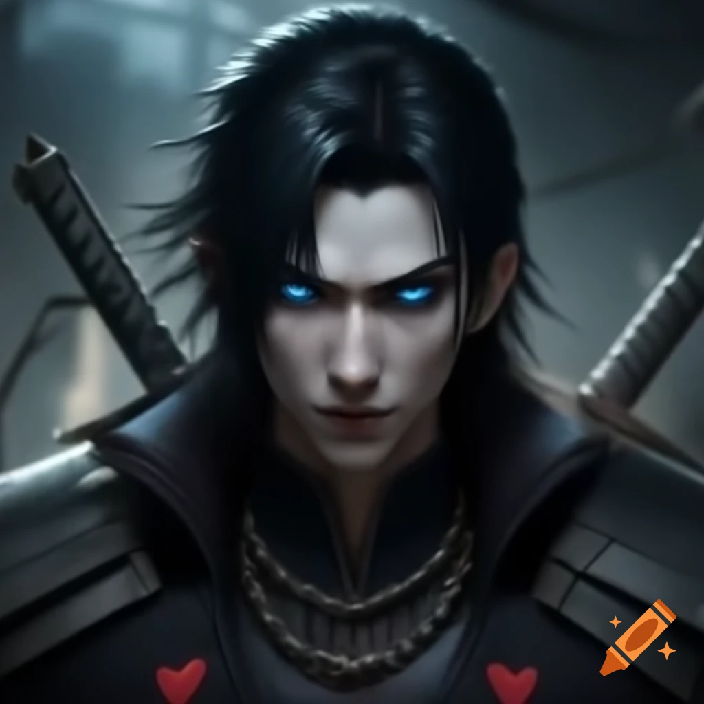 Vampire male defender with blue eyes and kusarigama in black clothing