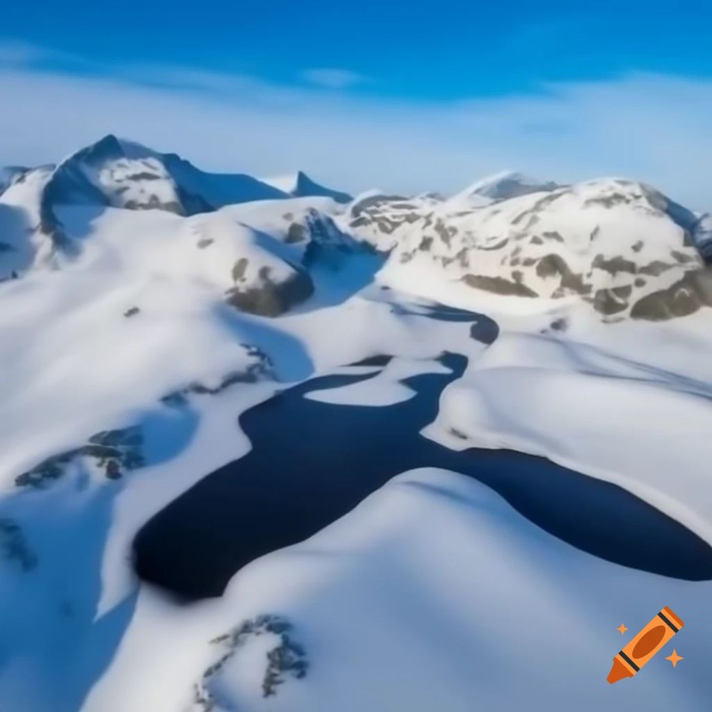 Steep rocky mountain with snow overlooking a large lake on Craiyon