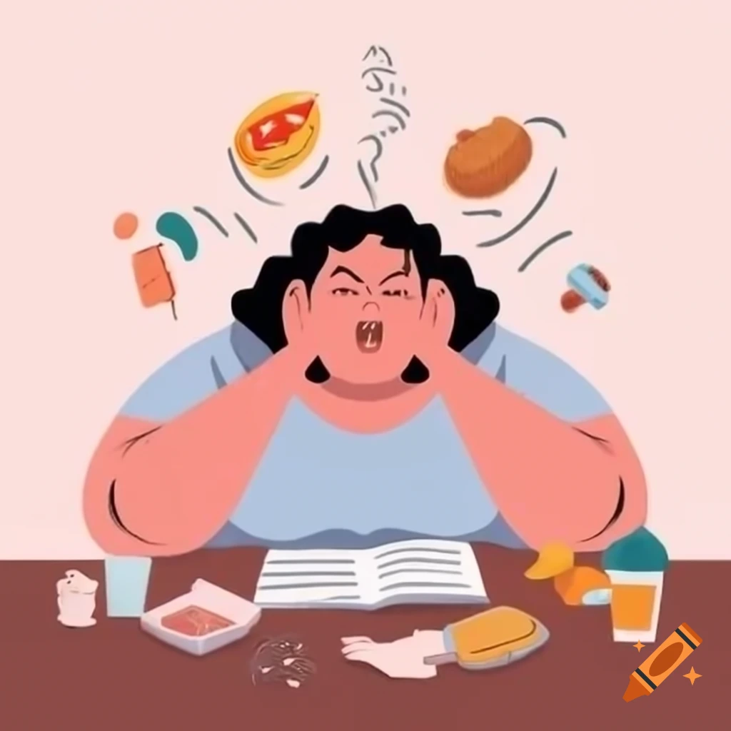 Stressed woman at desk with junk food, soft illustration style