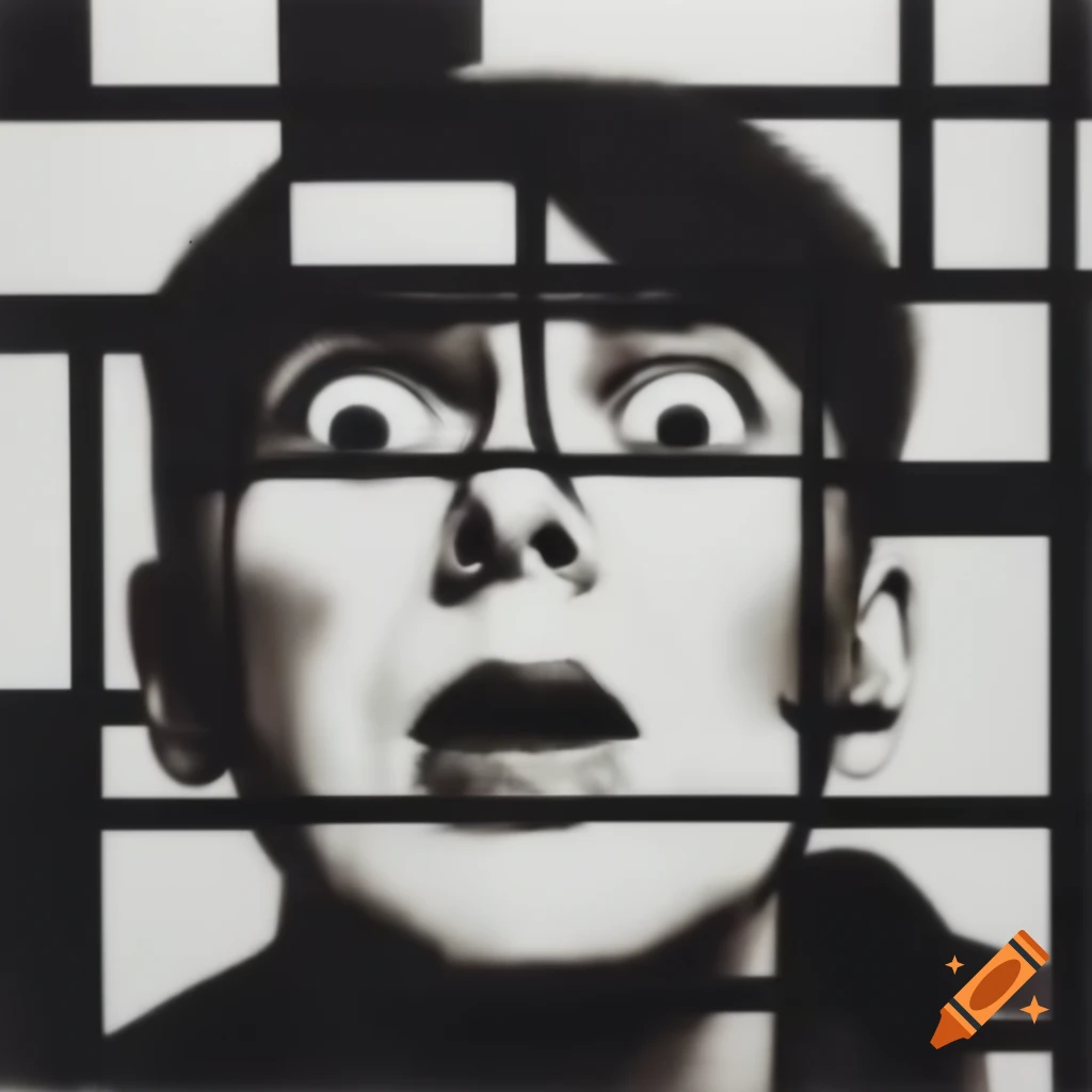 Abstract blurred charcoal surprised face in Mondrian-style ink grid