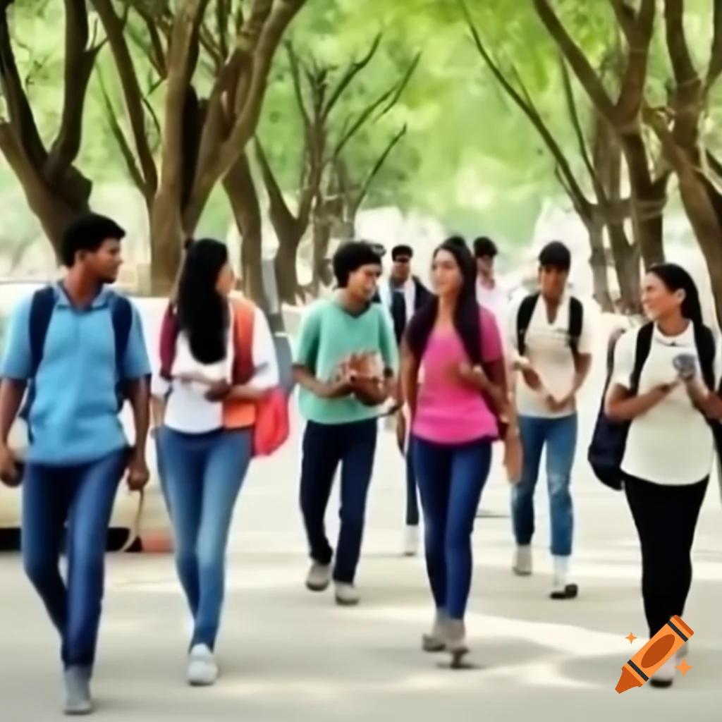 Indian BBA students walking on tree-lined college pathway between classes