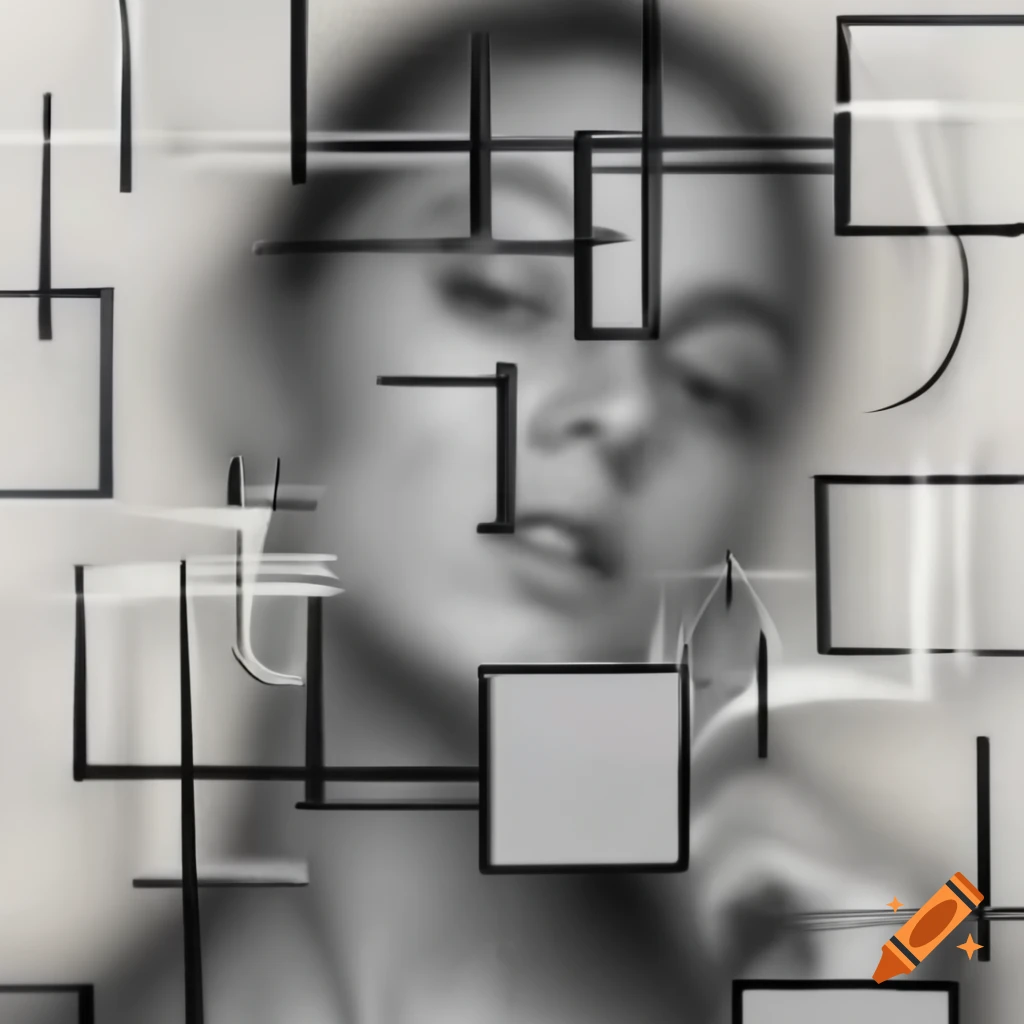 Abstract blurred charcoal face with pixelated rectangles and geometric lines