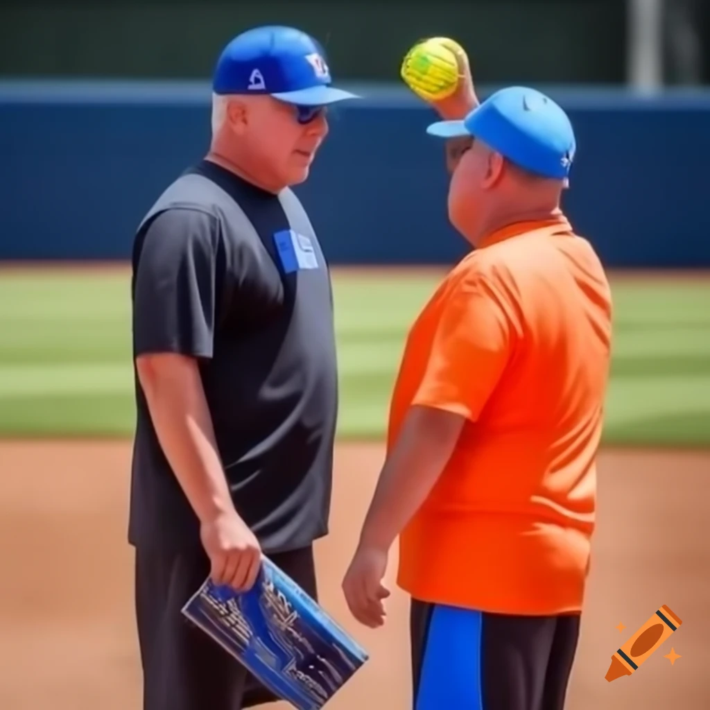 Middle-aged youth softball coach in blue cap and orange t-shirt with CWT, wearing athletic pants