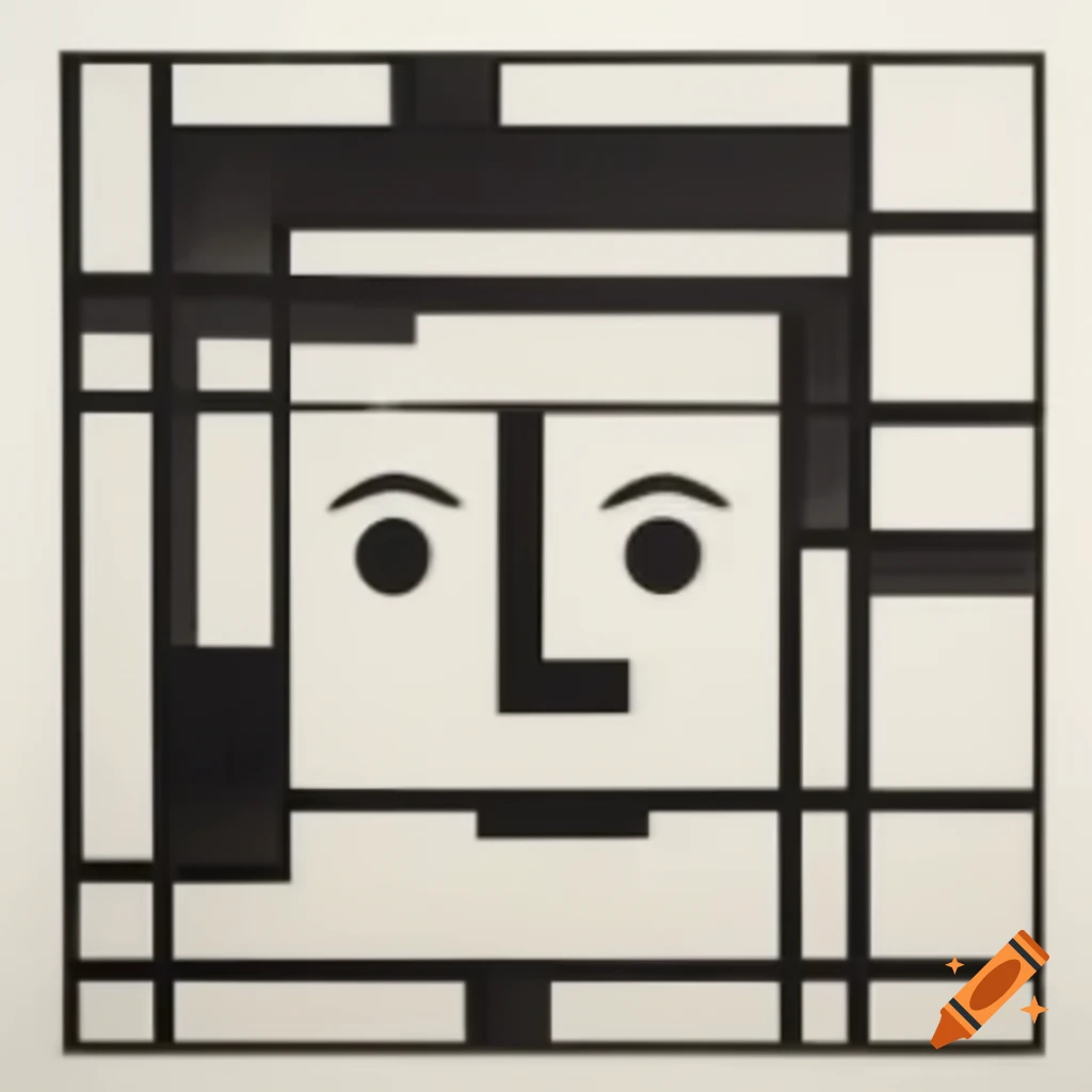 Abstract blurred charcoal surprised face in Mondrian-style ink grid