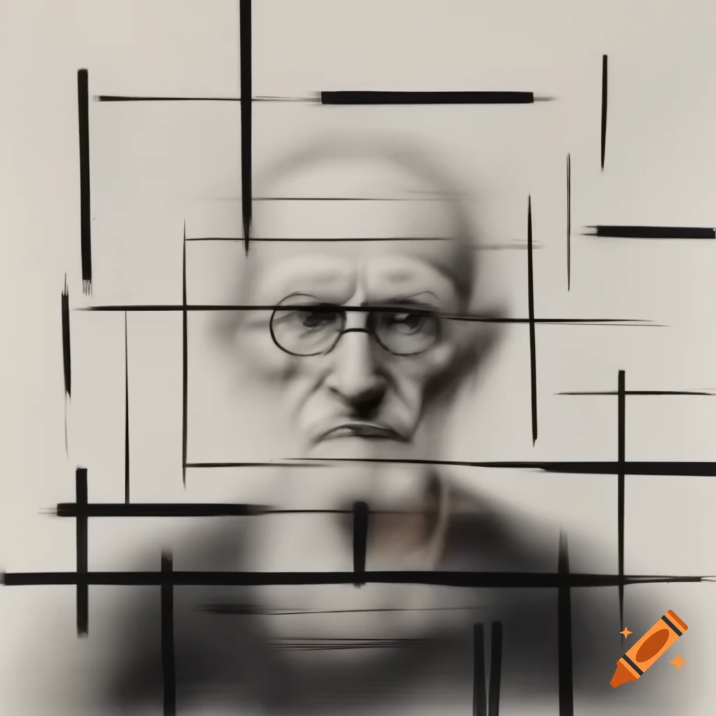 Abstract blurred charcoal face of an old man in stylized geometric grid