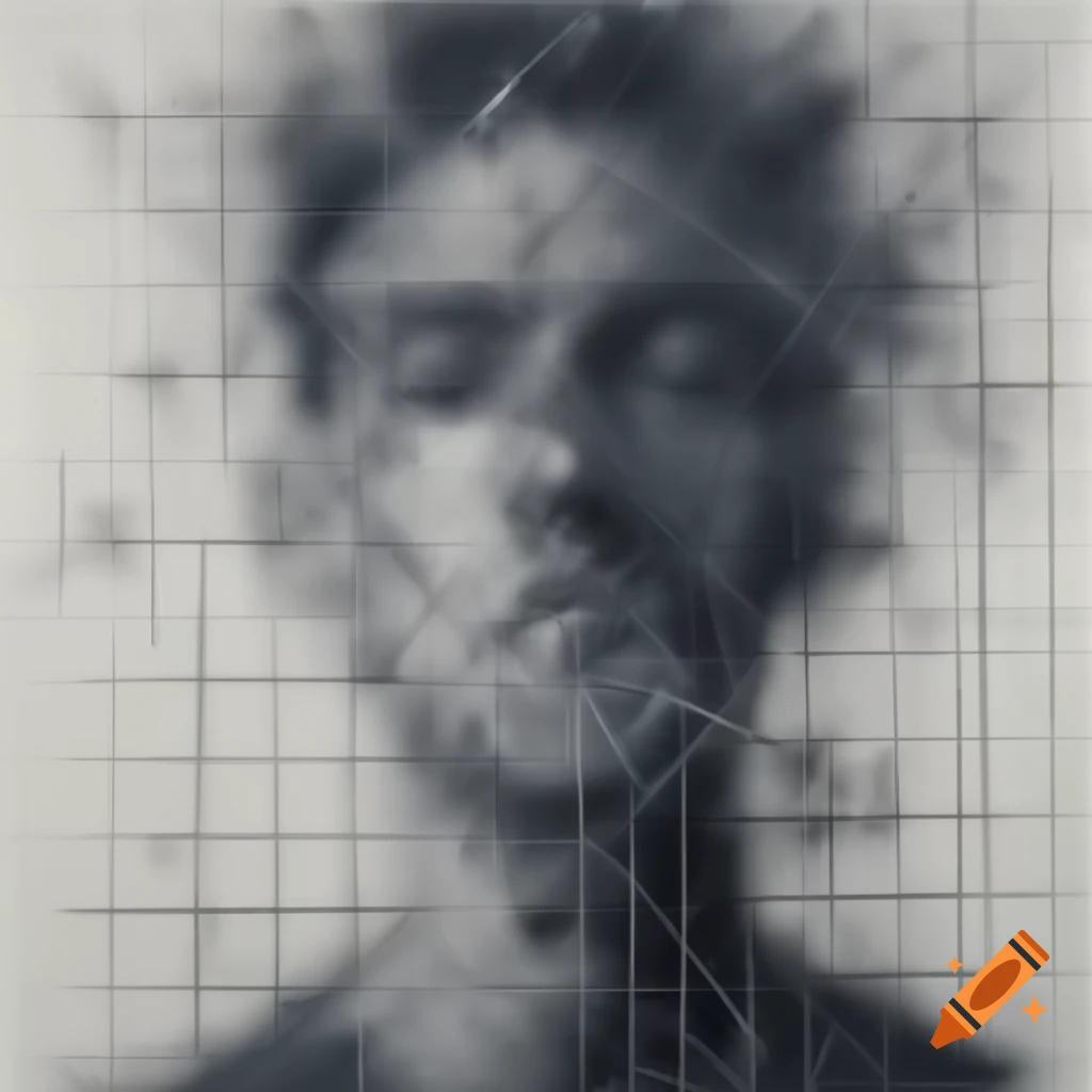 Abstract blurred charcoal face in particle grid with geometric lines