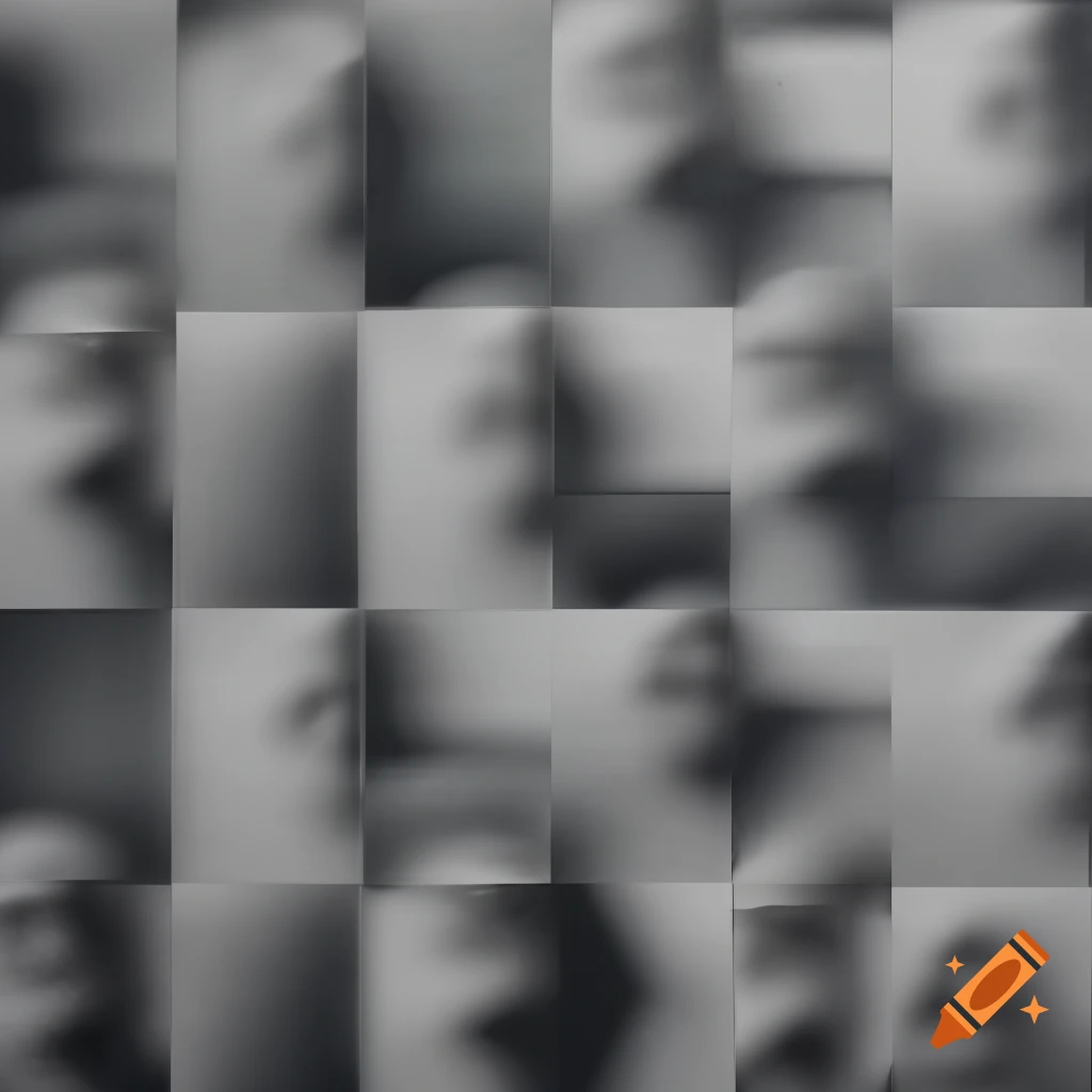 Abstract blurred charcoal faces in a pixelated grid with geometric lines