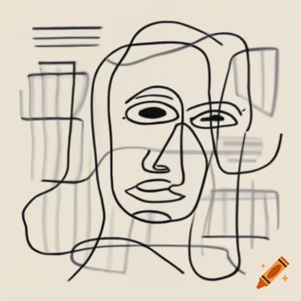 Abstract line drawing of speaking face with charcoal rectangles and geometric curves