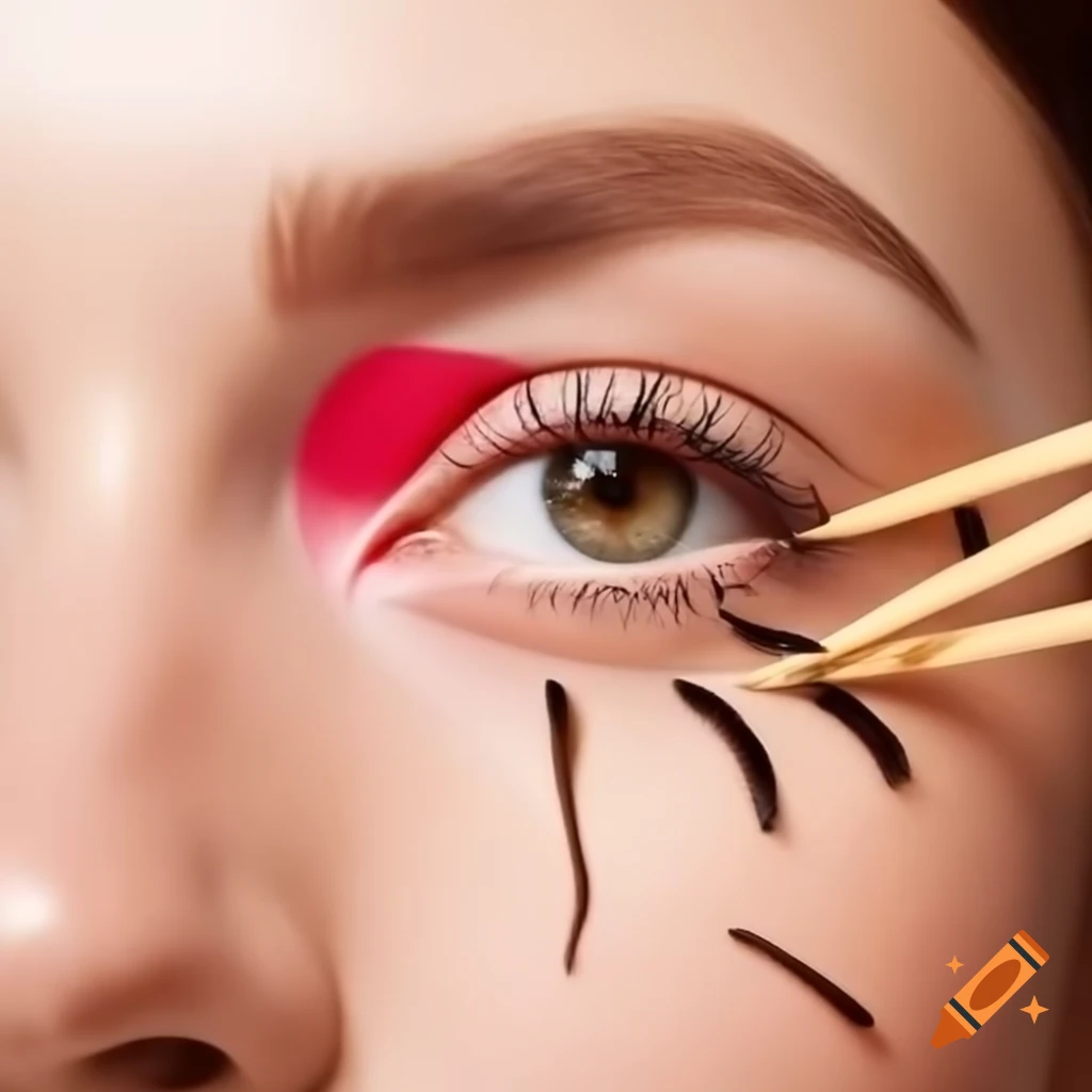 Creative art featuring eyelashes made of toothpicks on woman's face