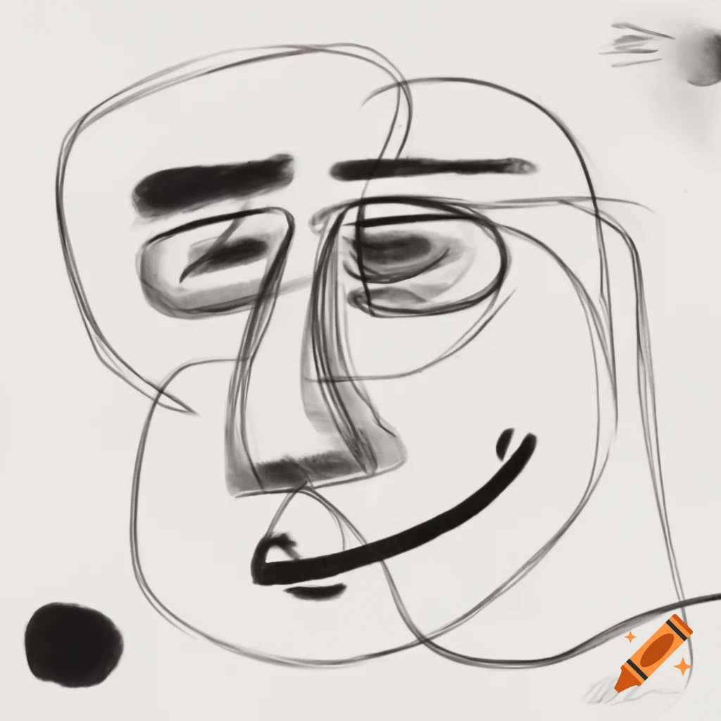 Abstract doodle line drawing of speaking face with geometric shapes and watercolor stains