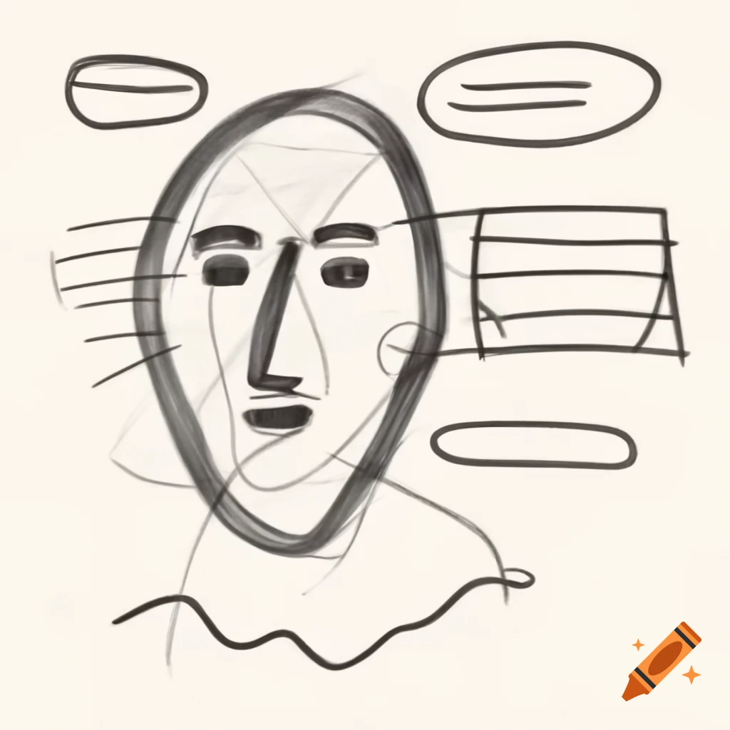 Abstract line drawing of speaking face with charcoal rectangles and geometric curves