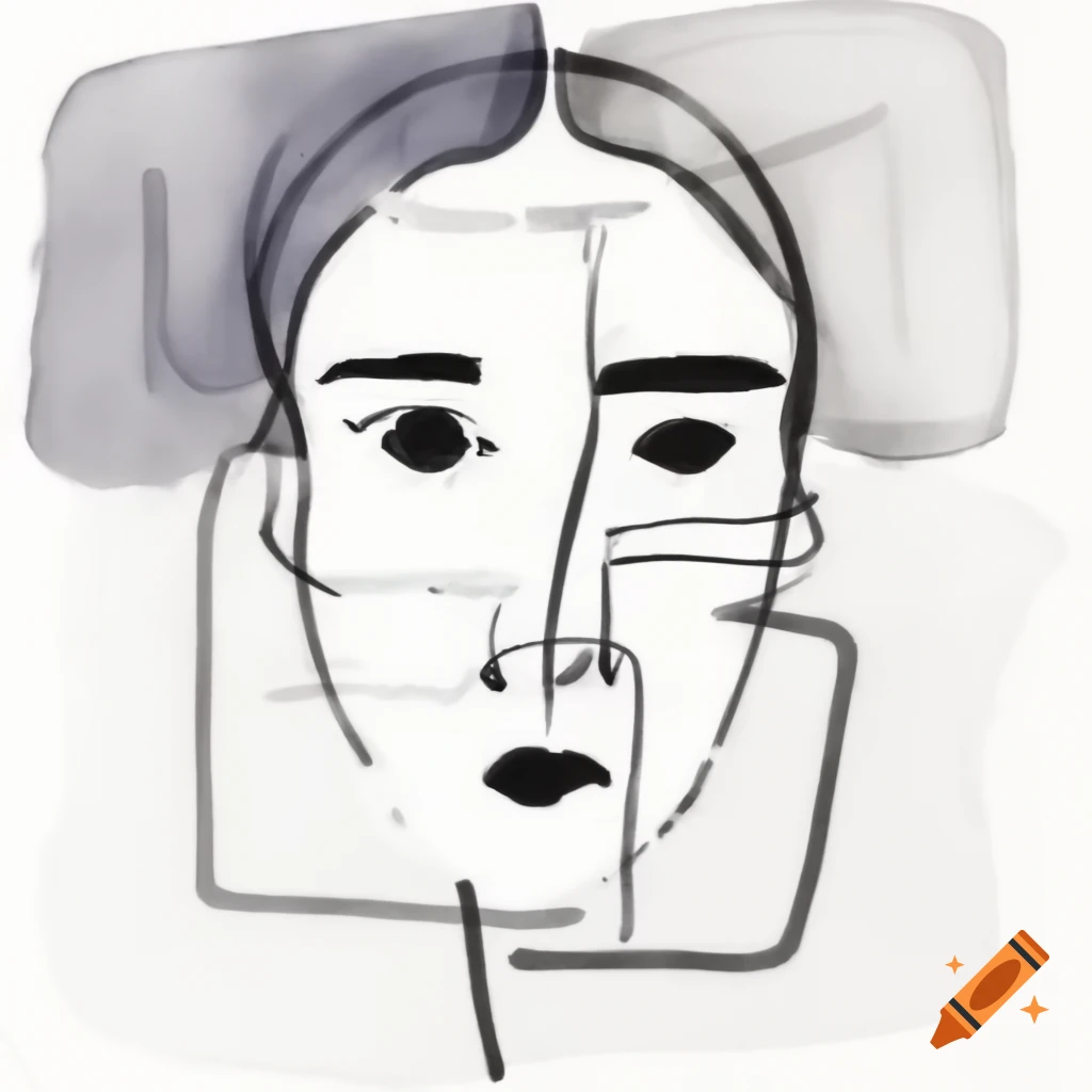 Abstract doodle line drawing of speaking face with geometric shapes and watercolor stains