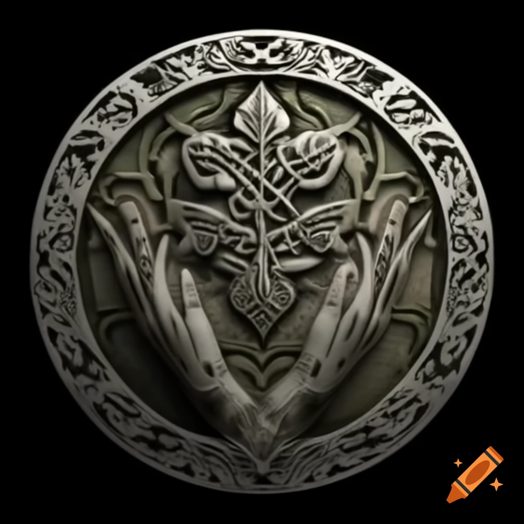 Black and white Celtic medallion with hand and oak leaf, intricate design
