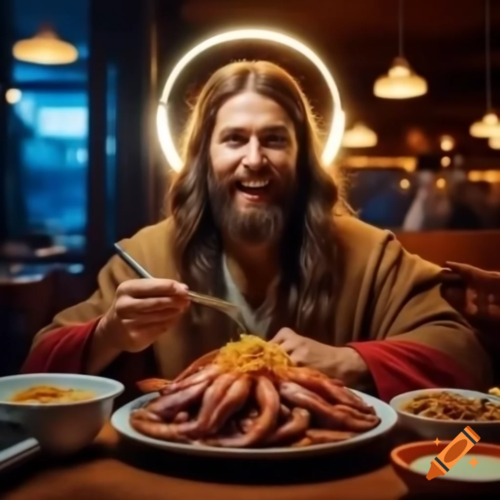 Photorealistic depiction of a man with long hair and halo enjoying a large squid in a fast food restaurant