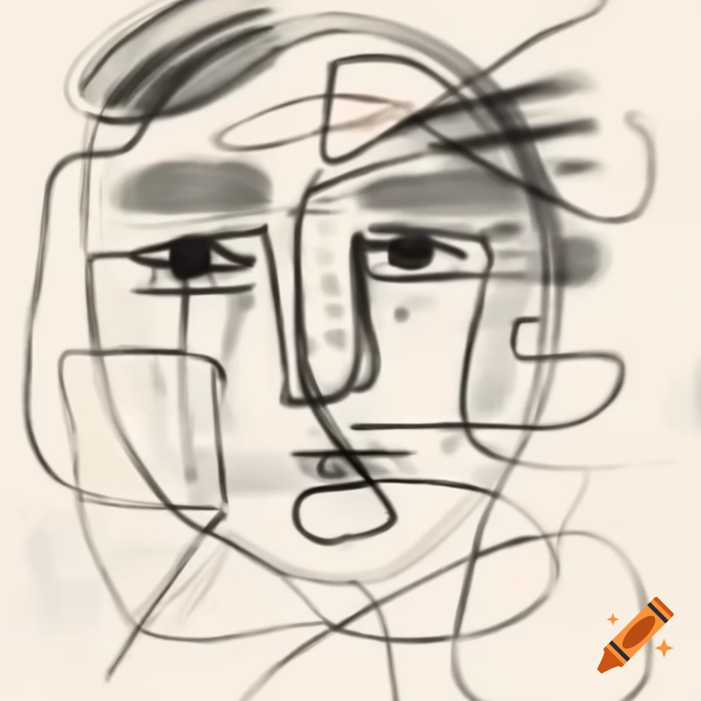 Abstract doodle line drawing of speaking face with geometric shapes and watercolor stains