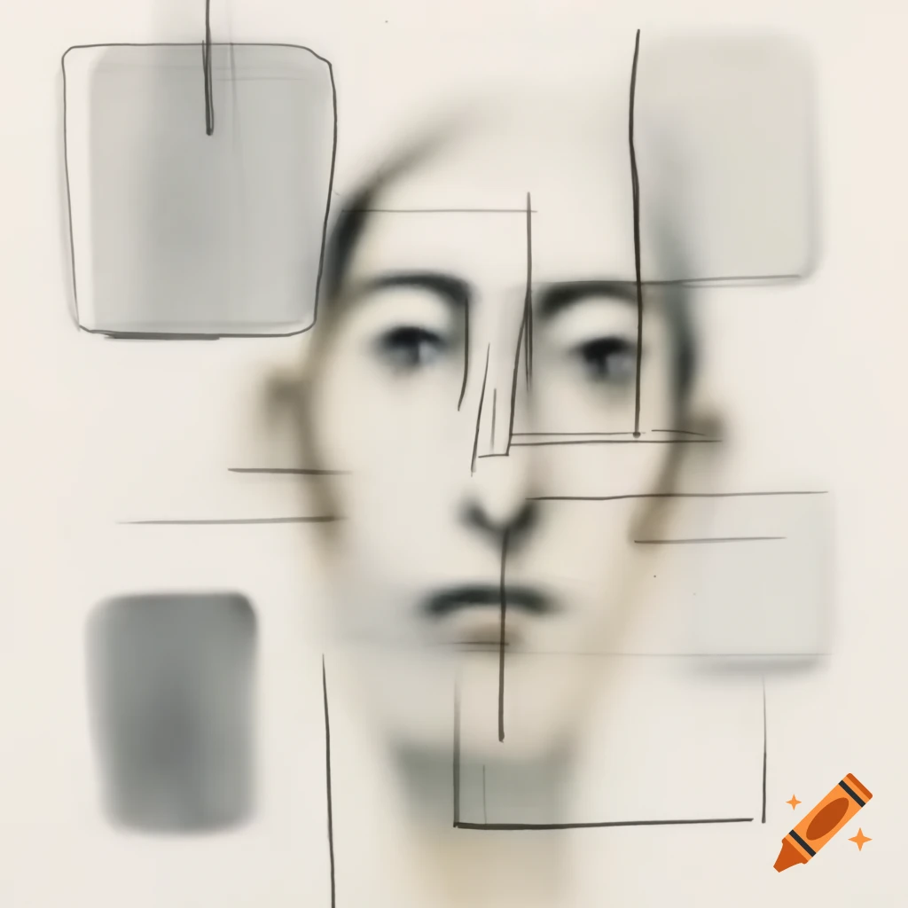 Abstract doodle line drawing of a speaking face with geometric and watercolor elements