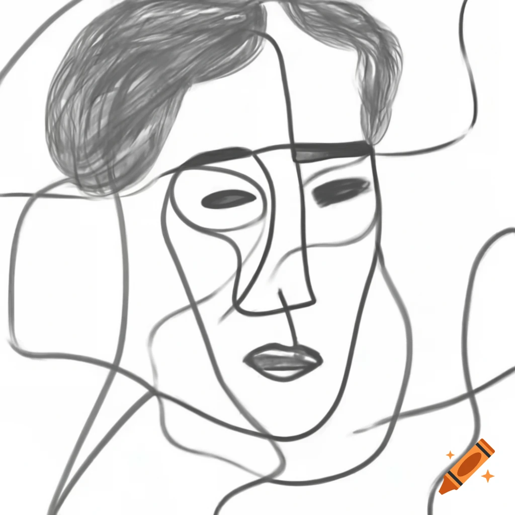 Abstract line drawing of speaking face with charcoal rectangles and geometric curves