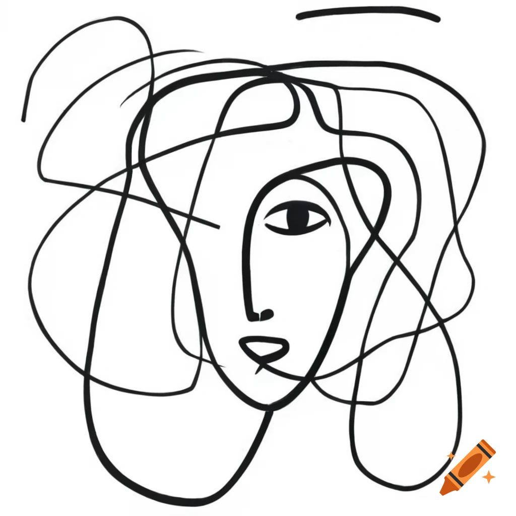 Abstract line drawing of speaking face with charcoal rectangles and geometric curves