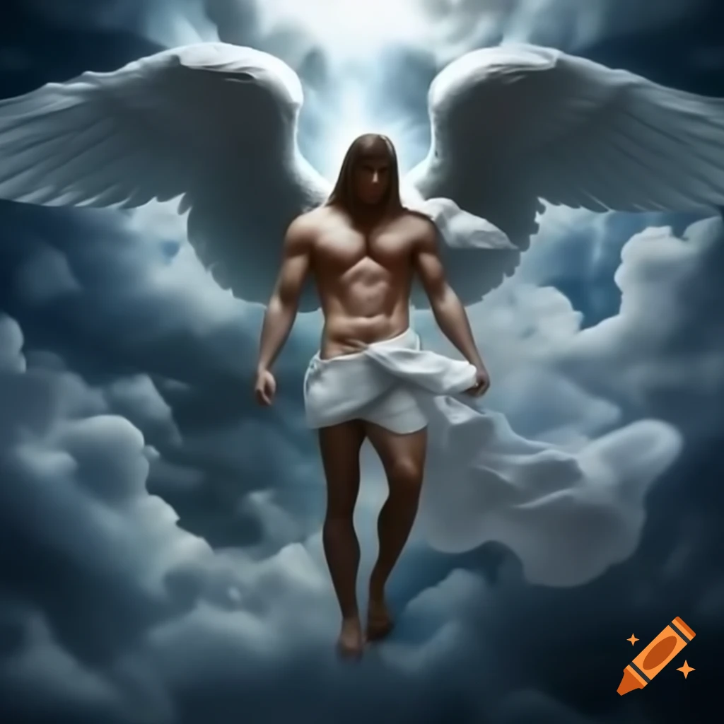 Muscular angel with human male boyfriend in heavenly cloud setting
