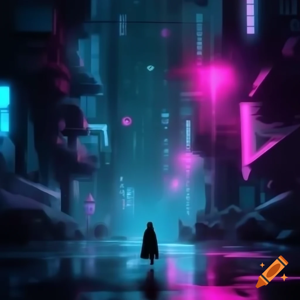 Surreal futuristic cityscape with lone figure under glowing ...