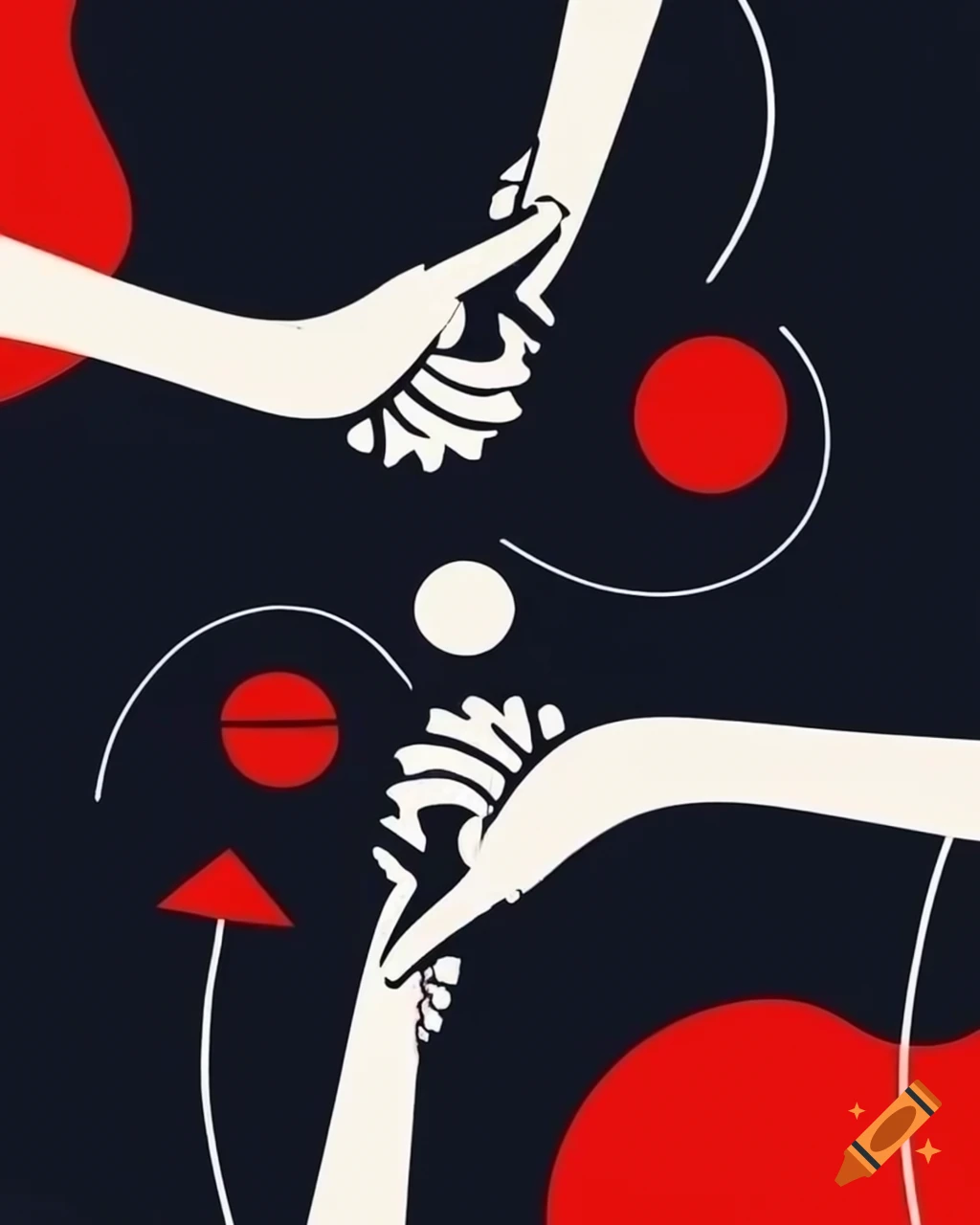 Abstract art representing unity through minimalist black, white, and red shapes