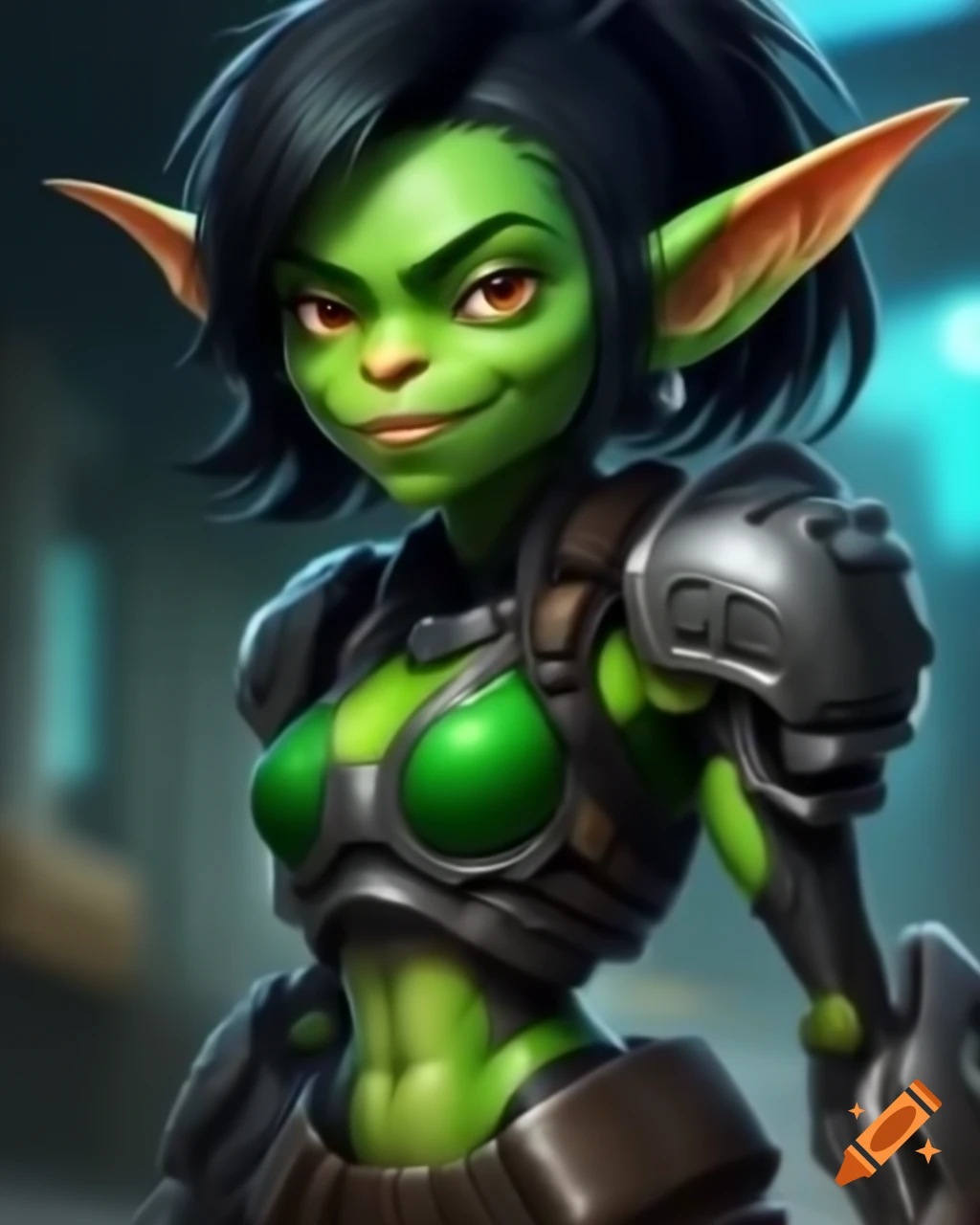 Energetic green-skinned goblin girl cyborg in anime style