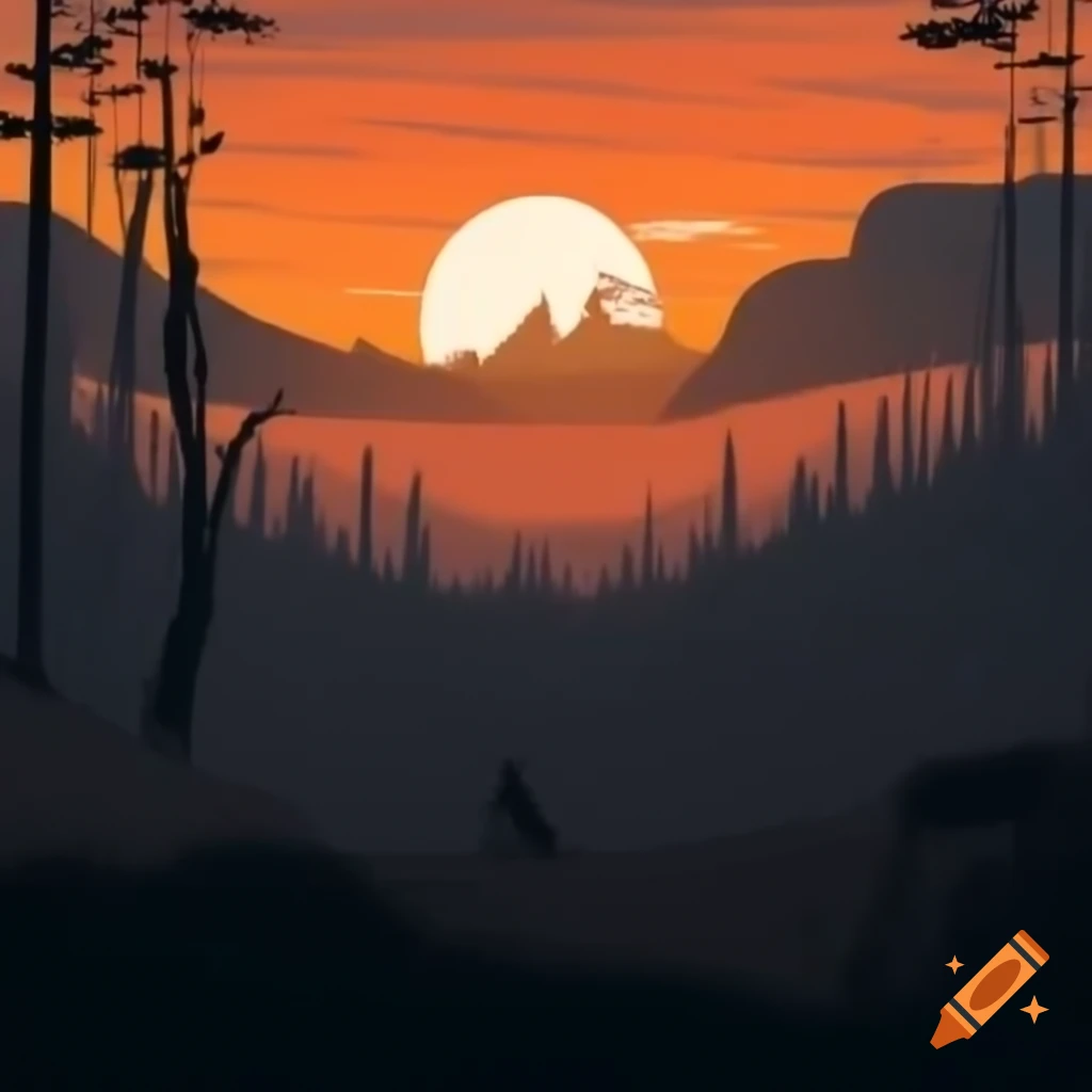 Forest at sunrise featuring silhouette of distant werewolf